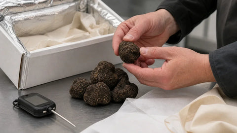 Fresh truffles inspected beside insulated packaging during a professional receiving assessment
