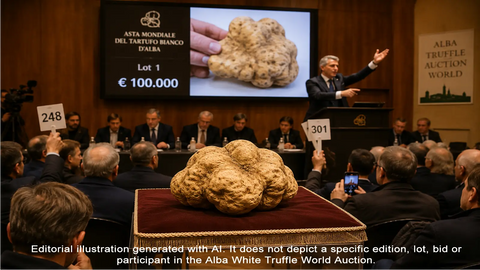 KI-generierte redaktionelle Illustration einer Wohltätigkeitsauktion für Alba-Weiße Trüffel, kein Foto einer bestimmten Veranstaltung