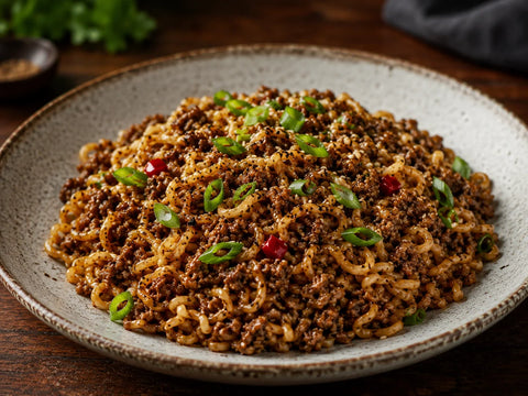 Wide bowl of Mongolian-inspired ground beef noodles with glossy ramen, sliced green onions, red pepper and black truffle flecks on a dark wooden table.