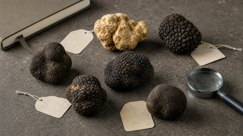 Scientific and common truffle names organized beside representative culinary truffle categories