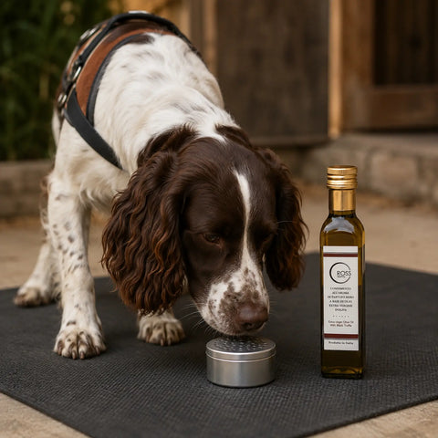 Trüffelhund untersucht beim Training mit schwarzem Trüffelaroma einen verborgenen Duftbehälter
