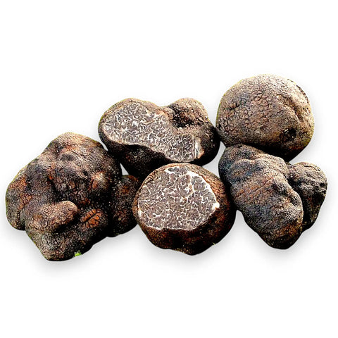 Black truffles with marbled interiors.