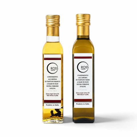 Zwei 250-ml-Flaschen Terra-Ross-Olivenöl mit schwarzem und weißem Trüffelaroma