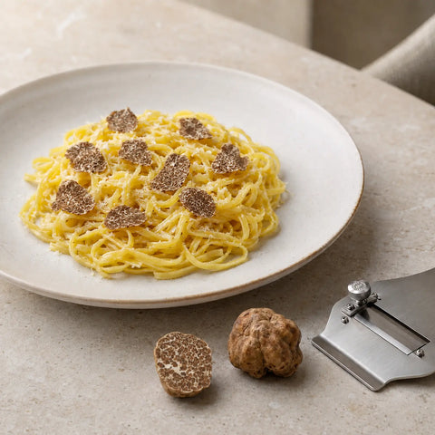 Frischer Tuber borchii, über warme Pasta gehobelt, mit Butter und mildem Käse