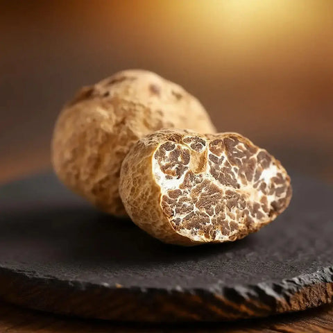 Frische Tuber borchii-Trüffeln der Qualitätsklasse EXTRA mit einem aufgeschnittenen Exemplar, das das natürlich marmorierte braune Innere zeigt