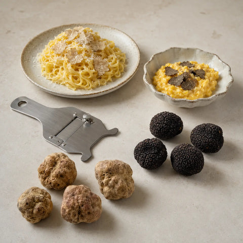 Frische weiße und schwarze Trüffel neben einfachen Gerichten, die zum Hobeln und Servieren zubereitet sind