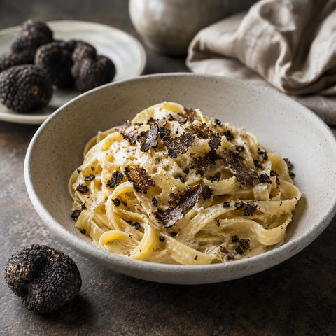 Gefrorener Tuber melanosporum auf cremiger Pasta in einer raffinierten kulinarischen Präsentation