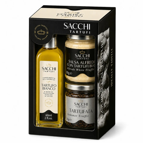 Gourmet-Trio-Geschenkbox mit Tartufata, Alfredo-Sauce mit weißem Trüffel und Olivenöl mit weißem Trüffelaroma