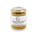 Steinpilz- und weißer Trüffelcreme im Glas mit goldenem Deckel und weißem Etikett