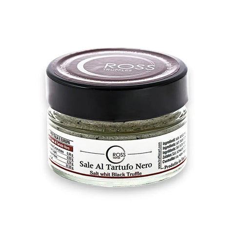 Black Truffle Salt jar with Ross Truffles branding and Italian label for Truffle Salt