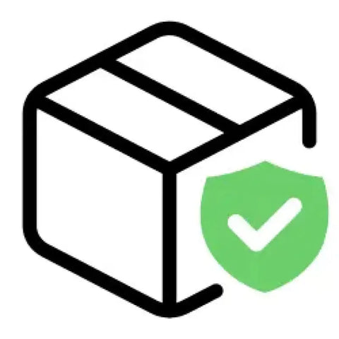 Shipping insurance box with green shield and checkmark design for product protection