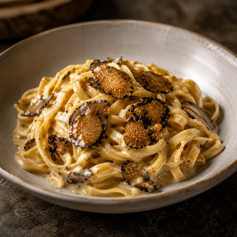 Sommertrüffel-Carpaccio (Tuber aestivum) auf cremigen Tagliatelle