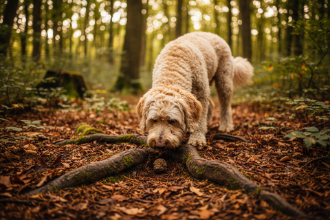 Hund bei einer Übung zur Erkennung von Trüffelgeruch in einem Waldgebiet