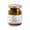 Weißes Tartufata-Glas mit goldenem Deckel, das das Produkt „Tartufata White Truffle Sauce“ präsentiert