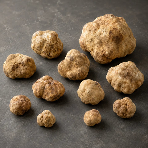 Frische Tuber magnatum weiße Trüffel, ausgewählt in verschiedenen natürlichen Größen und Formen