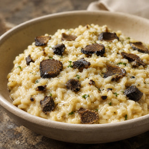Ganze haltbar gemachte Trüffelstücke (Tuber aestivum) in warmem Risotto